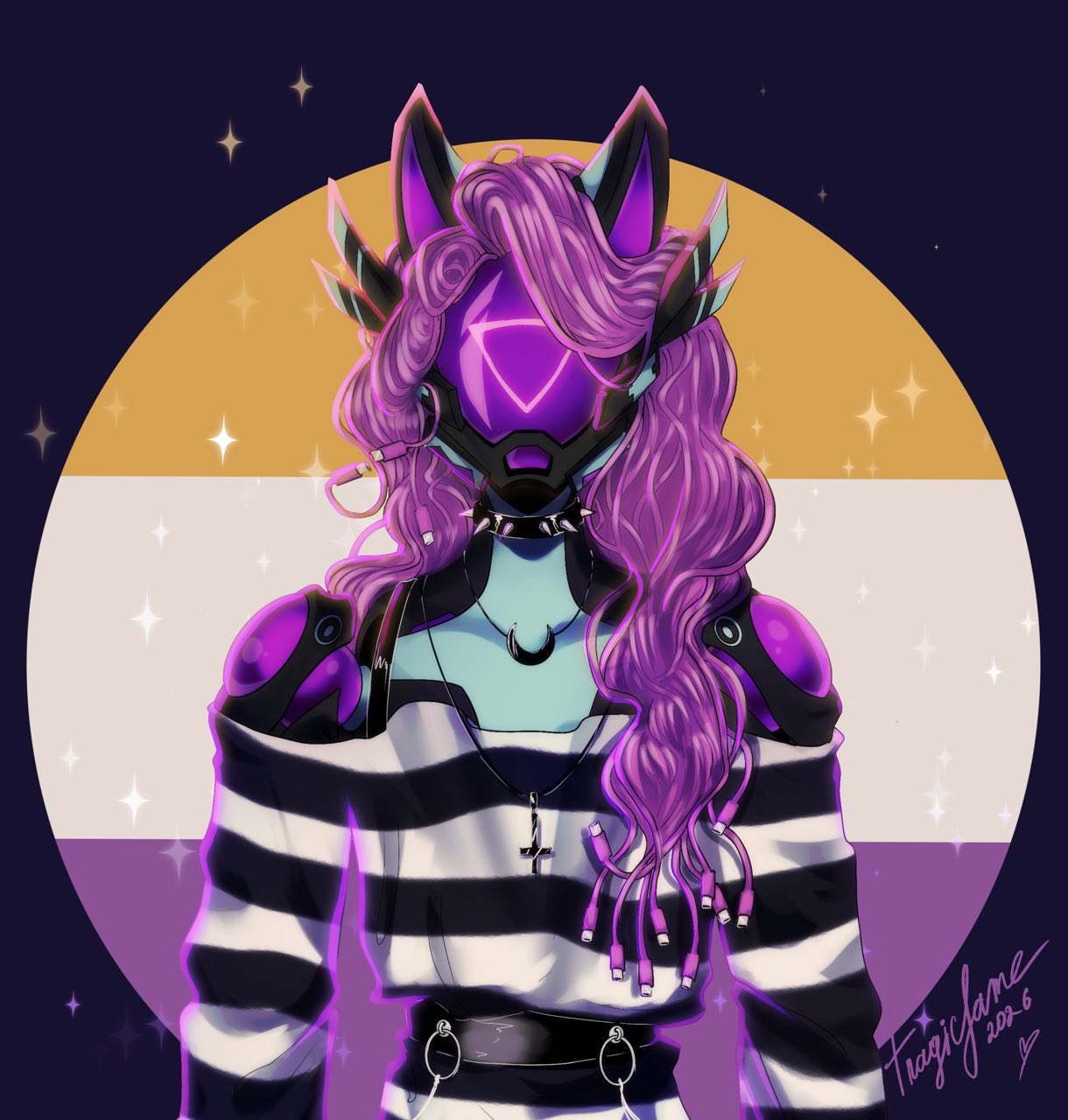 bot avatar, it's anthropomorphic, with antenna ears and purple LED circle on its visor. hair is a mess of purple type-c cables. background is non-binary flag.