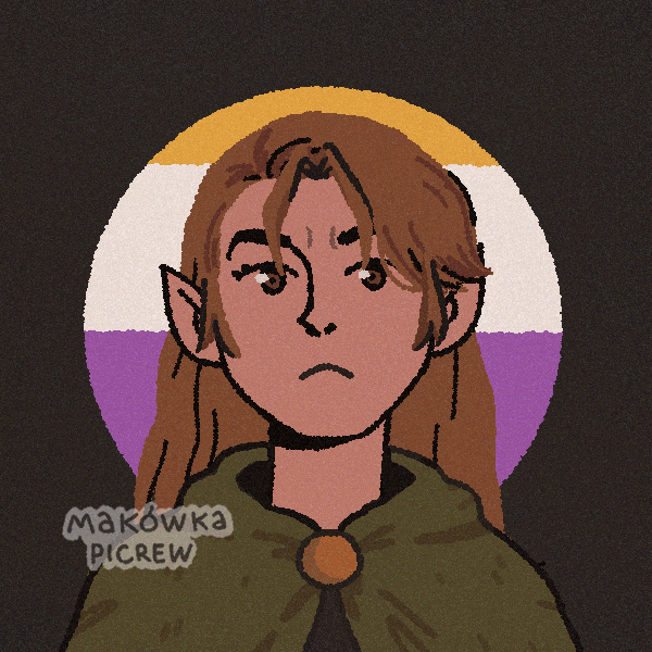 human face avatar, androginous looking elf in green cape, with dark-wheat colored hair. background is non-binary flag.